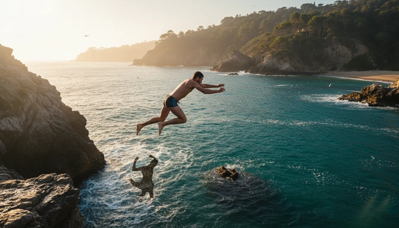 Illustrazione di plunge in: To jump or dive into something quickly.