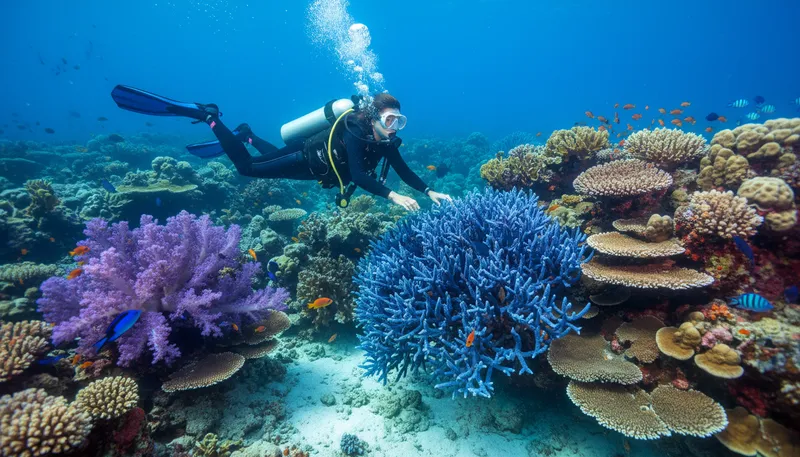 Illustration of diver: A person who swims underwater using special gear.