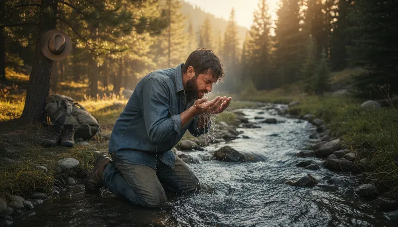 Illustration of cowboy shower: a quick wash, often without full amenities.