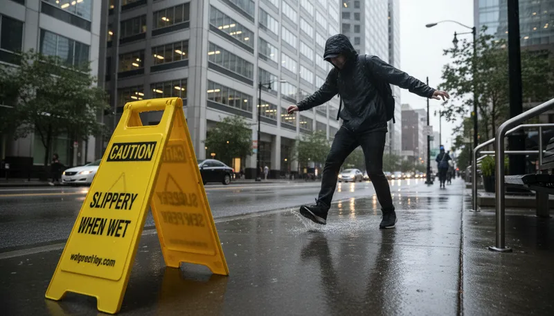 Illustration of caution - slippery when wet: Warning about potential slipping hazards when wet.