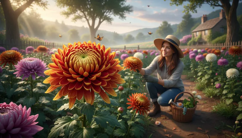 Illustration of chrysanthemum: A type of flowering plant with bright blooms.