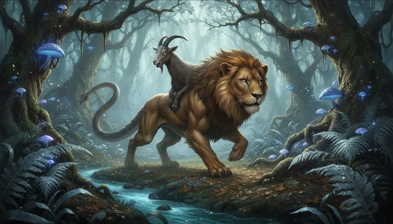 Illustration of chimera: a mythical creature with different parts