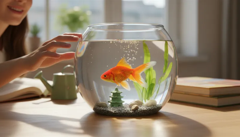 Illustration of goldfish: A small, brightly colored fish kept in aquariums.