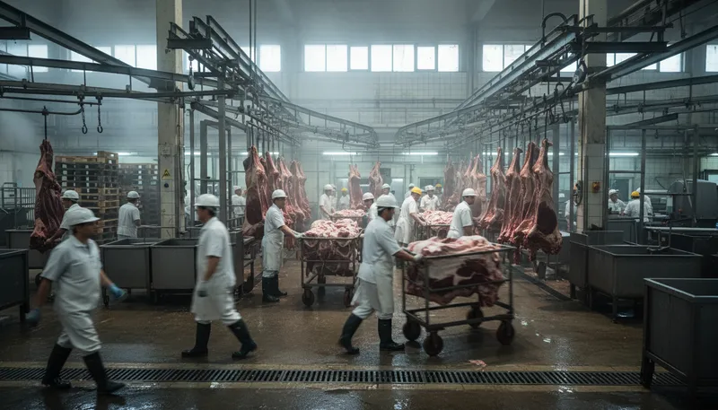 Illustration of slaughterhouse: A facility where animals are processed for meat.