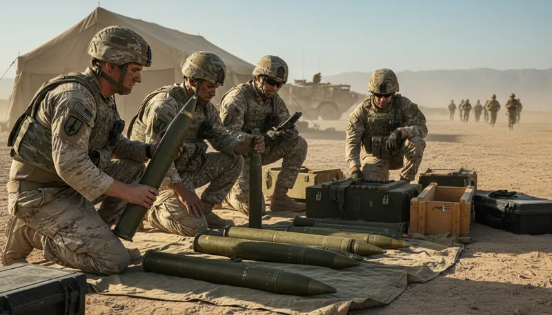 Illustration of munition: Military weapons and ammunition.