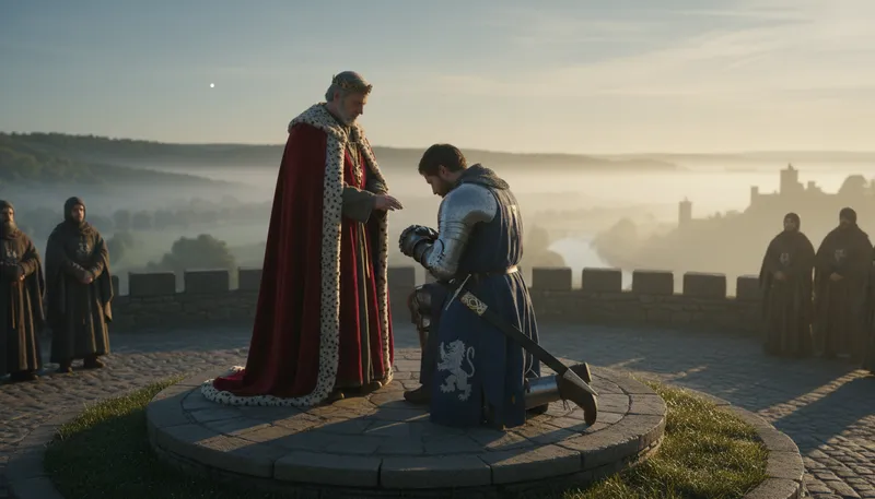 Illustration of fealty: Loyalty or allegiance to a leader or lord.