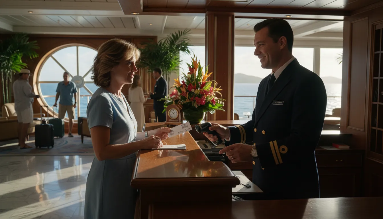 Illustration of purser: A ship’s officer managing money and passenger services.