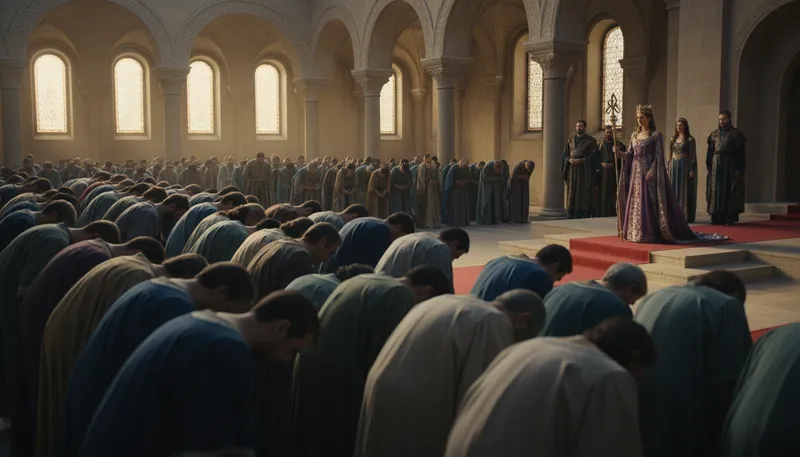 Illustration of bow down: To bend forward as a sign of respect.