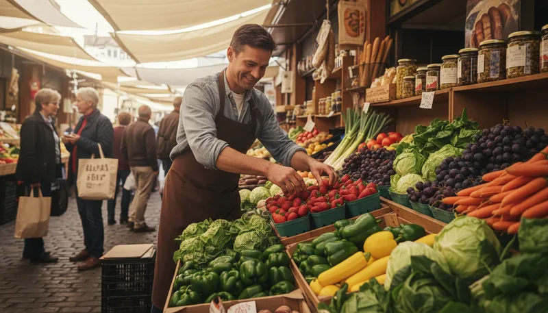 Illustration of grocer: A person who sells food and everyday essentials.