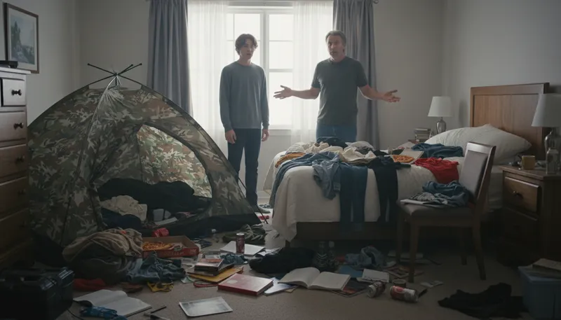 Illustration of were you born in a tent: used to question someone's rough or wild behavior