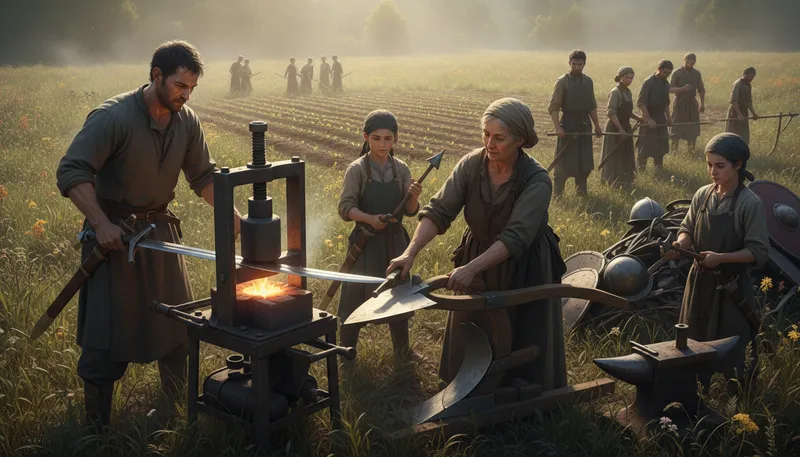 Illustration of swords to ploughshares: to turn weapons into tools for peace