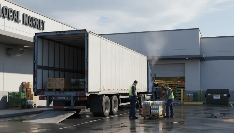 Illustration of freight: Goods transported by truck, train, or ship.