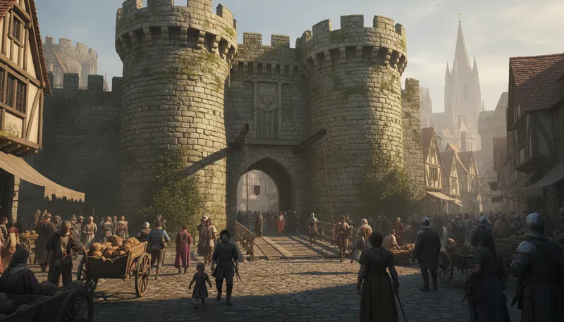 Illustration of barbican: A fortified outpost or gateway in a town.
