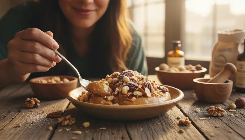 Illustration of nutty: Containing or tasting like nuts; crazy.