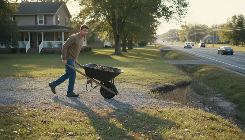 Illustration of someone's driveway doesn't go all the way to the road: someone is not very smart