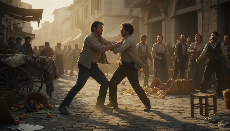 Illustration of come to blows: engage in a physical fight.