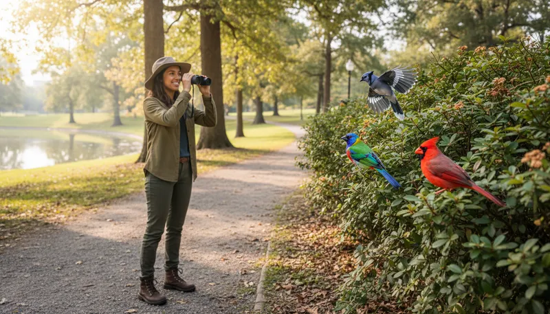 Illustration of birding: The hobby of observing and identifying birds.