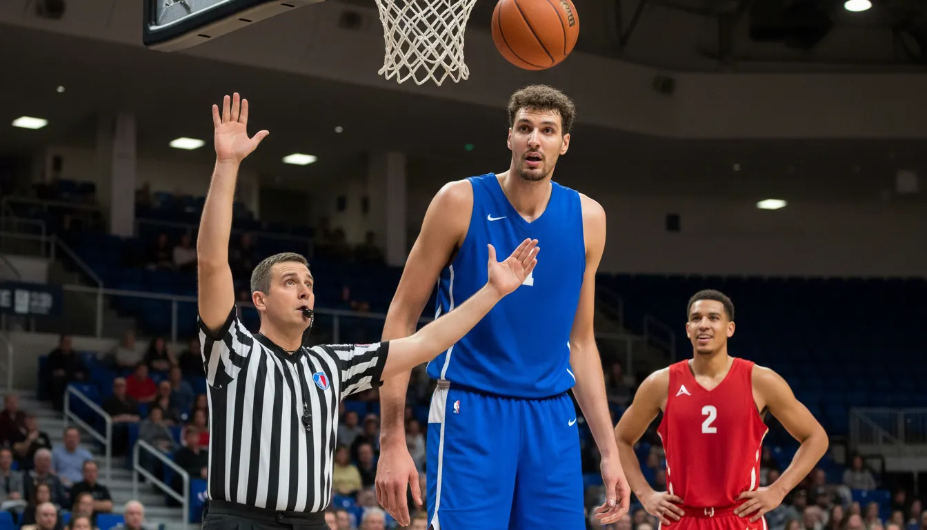 goaltending 的插圖：An illegal block of a shot in basketball.