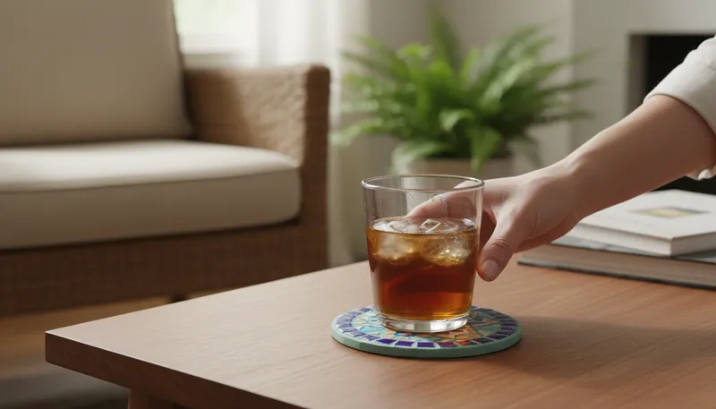 Illustration of coaster: A small mat for protecting surfaces from drinks.
