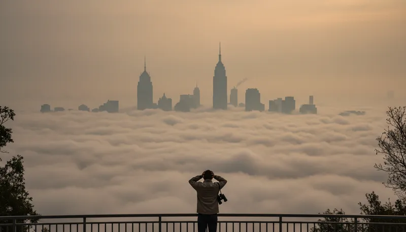 Illustration of smog: Fog mixed with smoke and pollution.