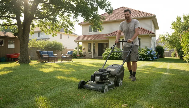 Illustration of mow: To cut grass with a tool.