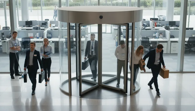 Illustration of revolving door syndrome: Frequent changes in personnel or roles.