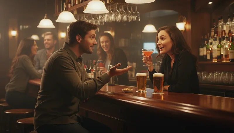 Illustration of can i buy you a drink: Offering to pay for someone's beverage.