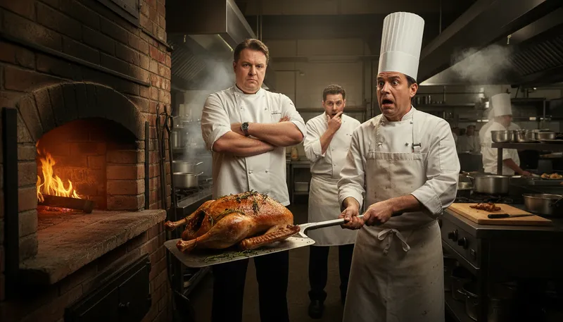 Illustration of someone's goose is cooked: Someone is in serious trouble.