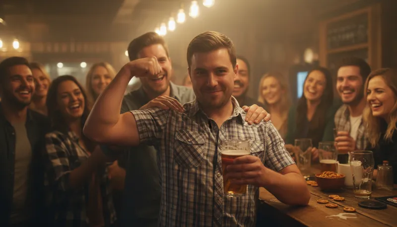 Illustration of beer muscles: false confidence from drinking alcohol