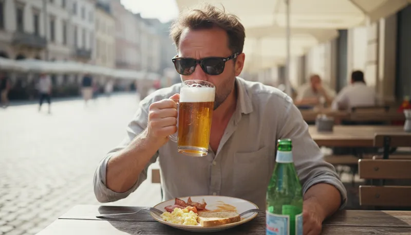 Illustration of hair of the dog: a drink to alleviate a hangover.