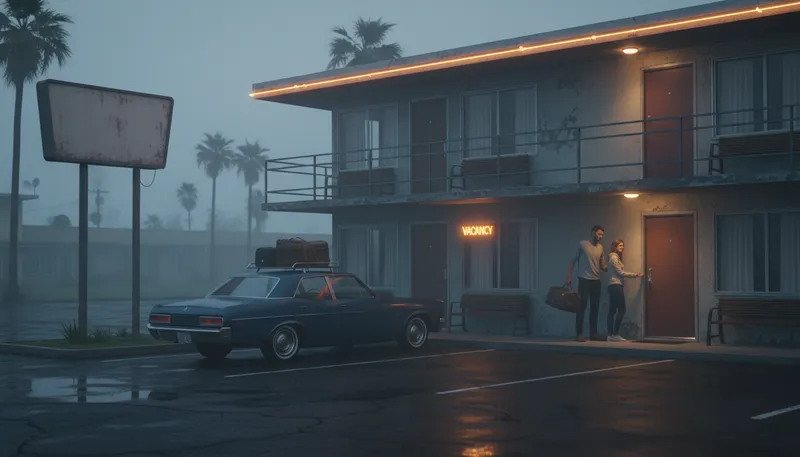 Illustration of motel: A roadside hotel for travelers.