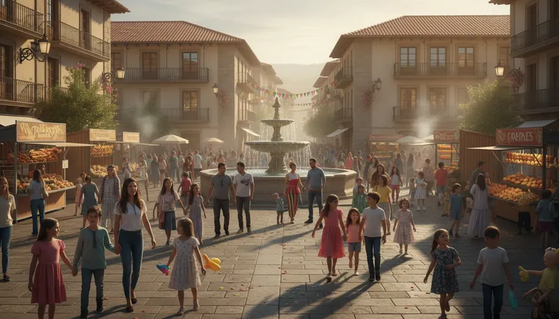 Illustration of plaza: a public square or open space.