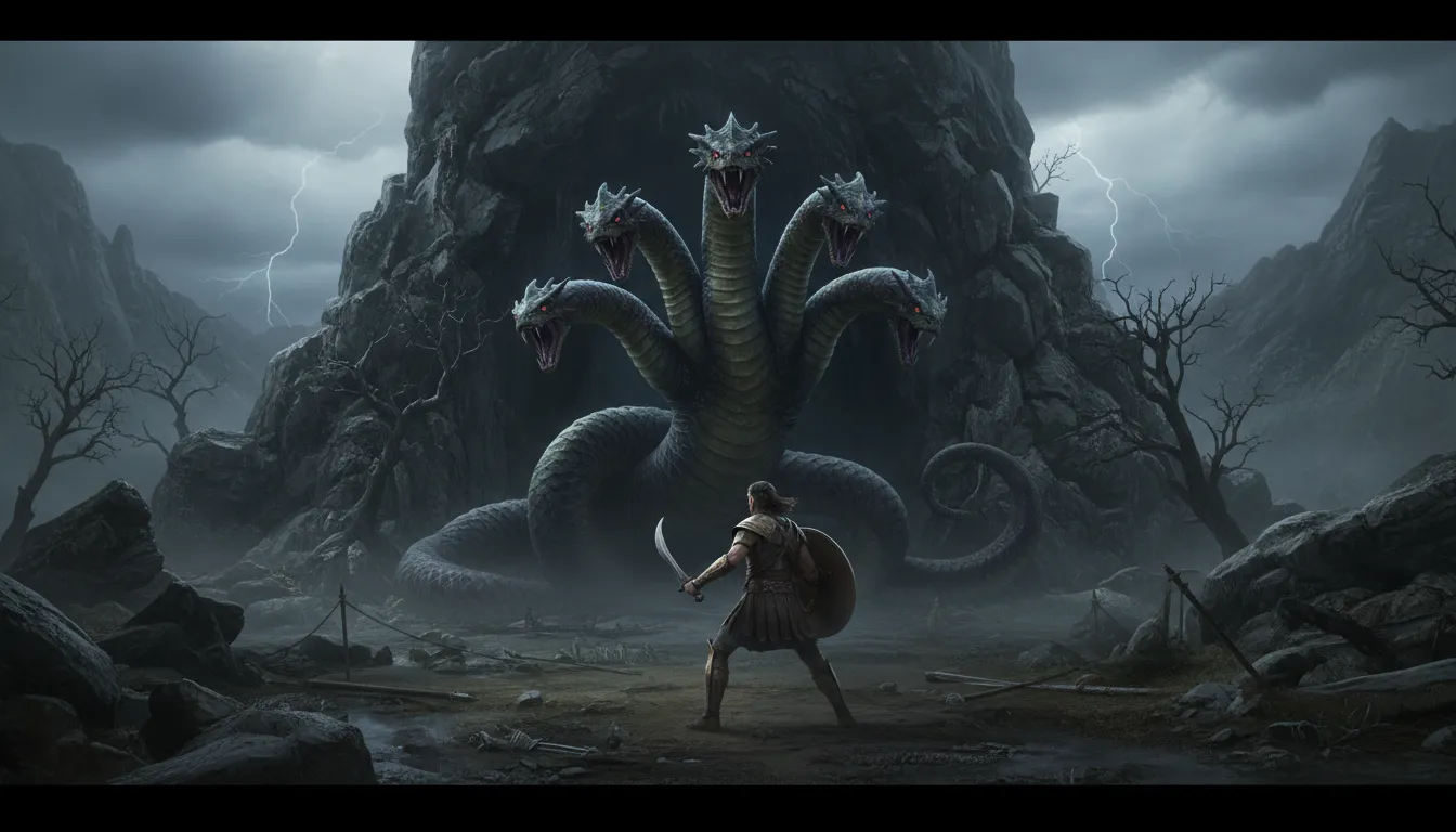 Ilustrasi Hydra: A multi-headed serpent from Greek mythology.