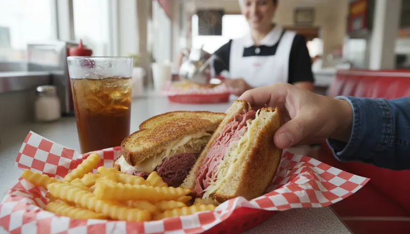 Illustration of reuben: A type of sandwich with corned beef and cheese.
