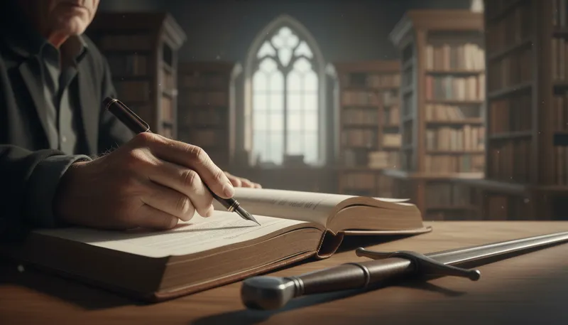 Illustration of the pen is mightier than the sword: writing is more powerful than violence