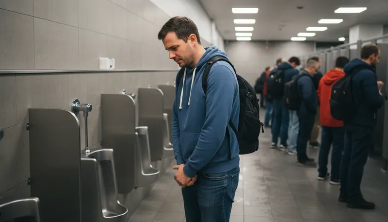 Illustration of shy bladder: Inability to urinate in public restrooms.