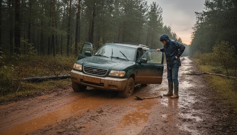 Illustration of stuck in the mud: Unable to move or progress.
