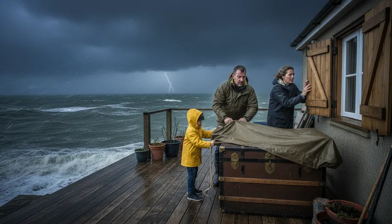 Illustration of batten down the hatches: to prepare for trouble or difficulties