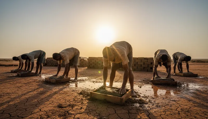 Illustration of sweat bricks: Bricks made from compressed and dried mud.