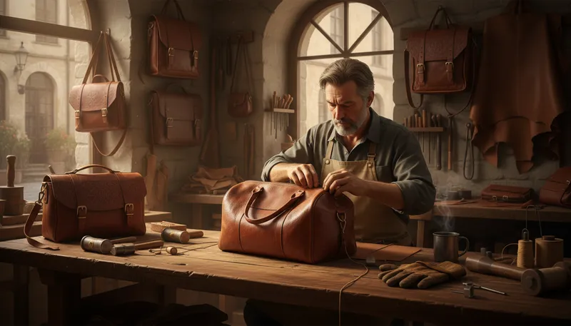 Illustration of leather working: the craft of making items from leather.