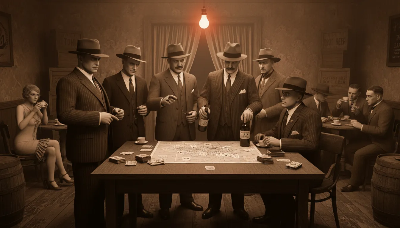 Illustration of organized crime: Illegal business run by large, well-organized criminal groups.