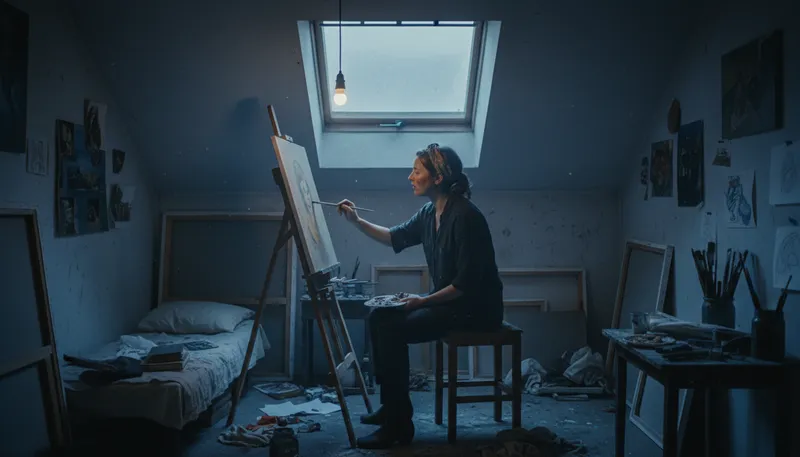 Illustration of garret: a top-floor or attic room, often small