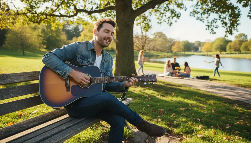 Illustration of guitarist: A person who plays the guitar.