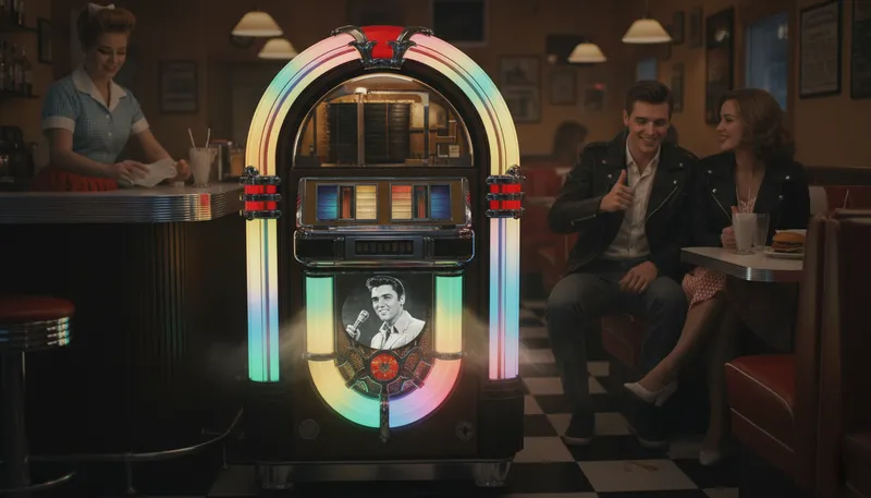 Illustration of jukebox: A machine that plays selected music tracks.