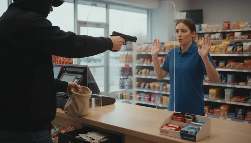 Illustration of gunpoint: A situation where a gun is aimed at someone.