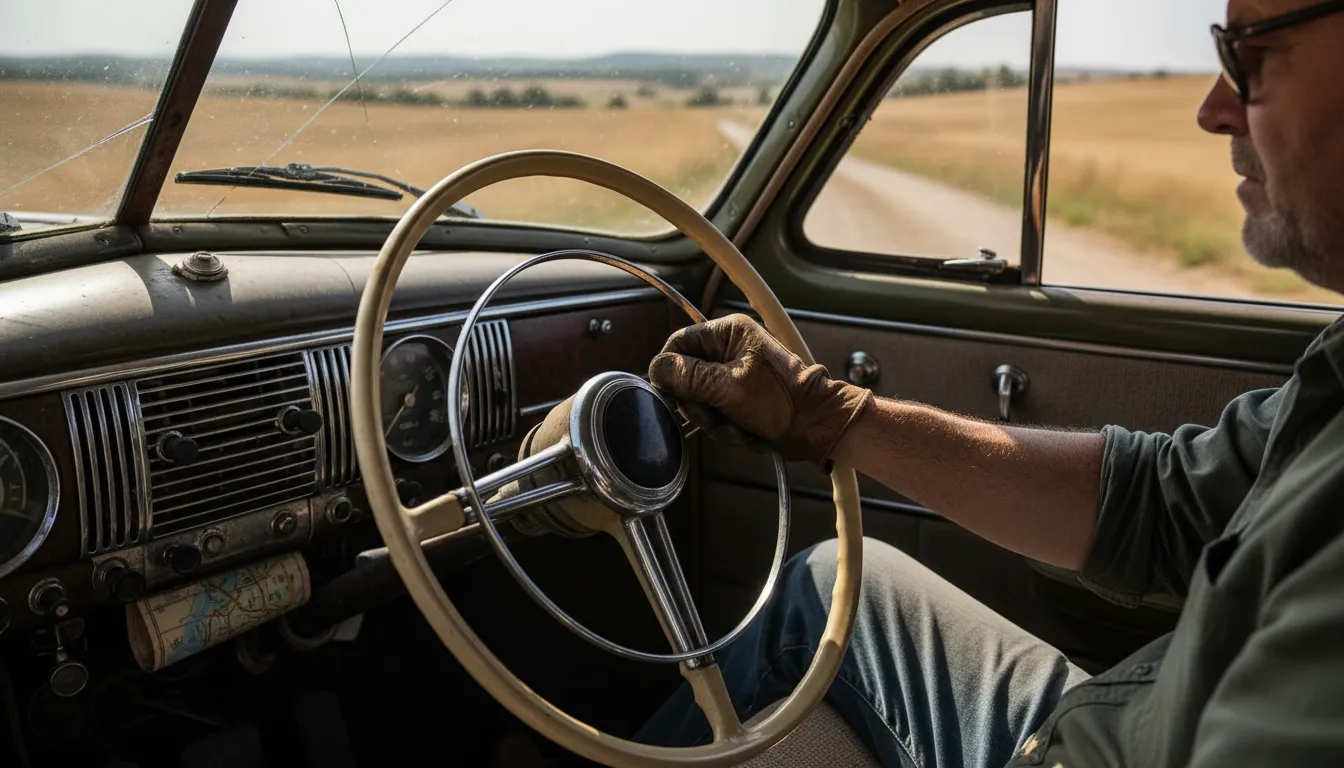 necker's knob 的插图：A steering wheel knob for one-handed driving.