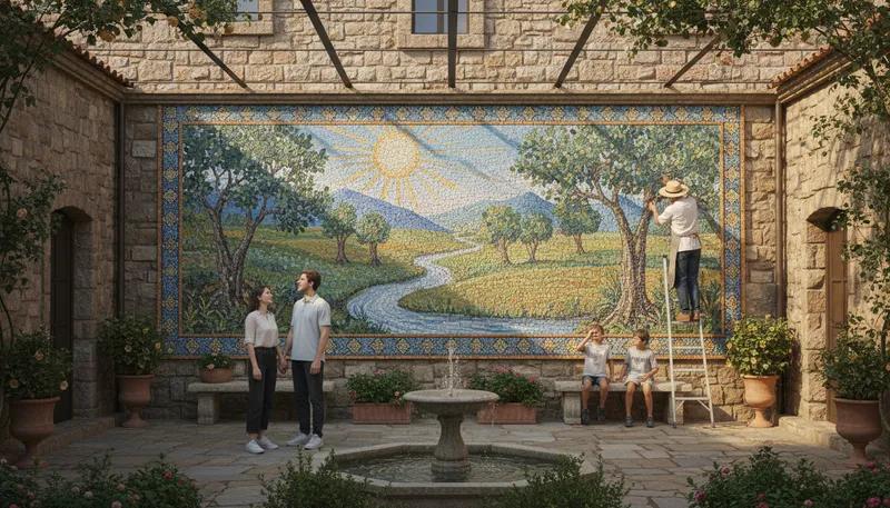 Illustration of mosaic: a picture made with small colored pieces.