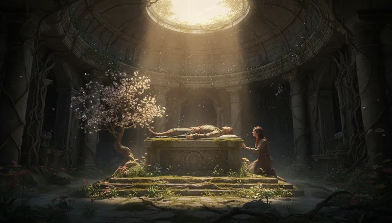 Illustration of resurrection: The act of coming back to life.