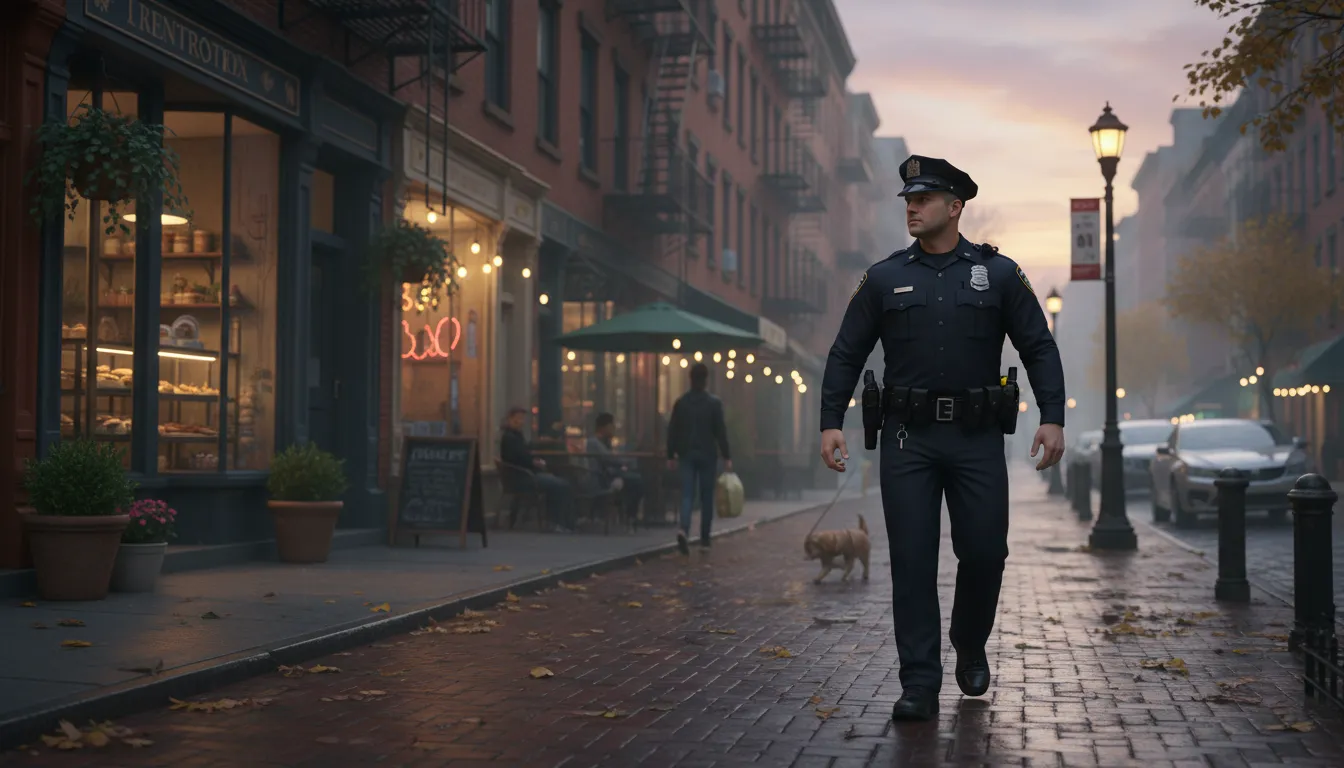 walk the beat 的插圖：patrol an area regularly, especially police.
