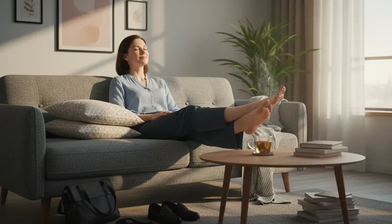 Illustration of put one's feet up: to relax and rest comfortably.